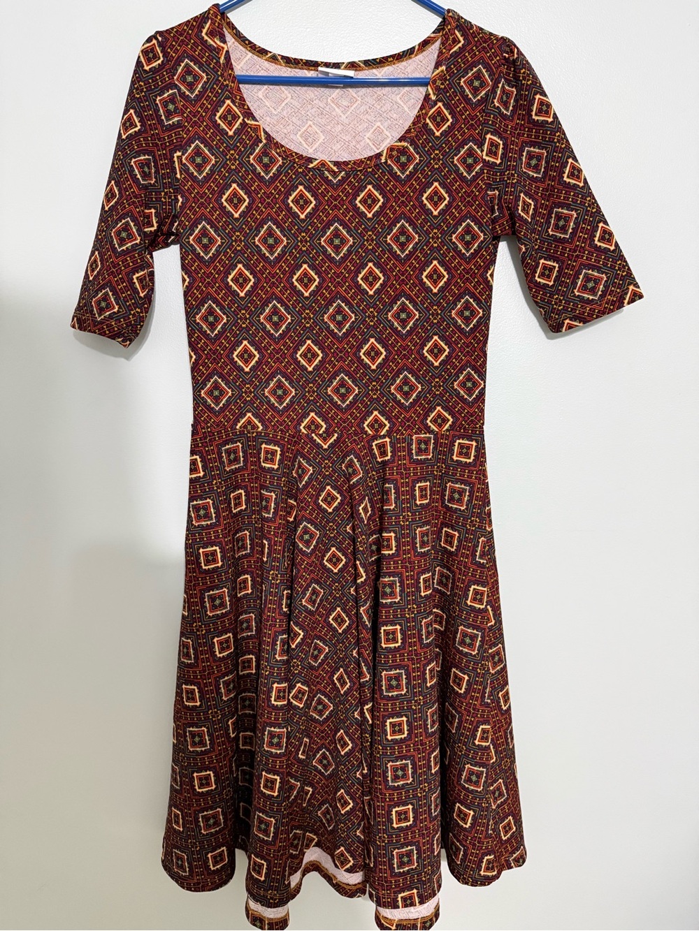 LuLaRoe Scoop Neck Fit-and-Flare Midi Dress in Burgundy and Gold Geo